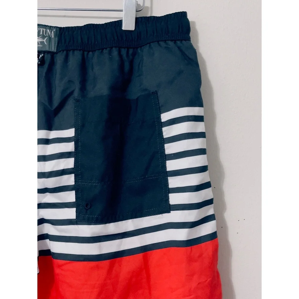 Spicy Tuna‎ Mens Swim Trunks Medium Navy Blue White Red Striped Board Shorts